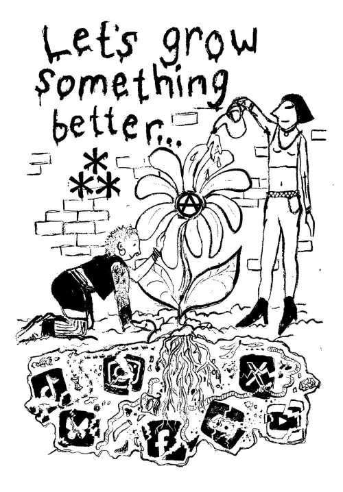 Two punks tend to a blooming flower, tending to its petals and watering it with a watering can. The roots of the plant are fed by the smashed logos of corporate social media companies.